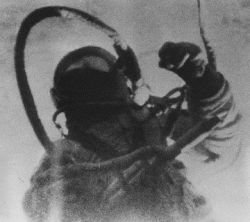 Televised image of Aleksey Leonov during his spacewalk outside Vokshod 2