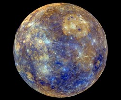 The different colors in this MESSENGER image of Mercury indicate the chemical, mineralogical, and physical differences between the rocks that make up the planet’s surface. Credit: NASA/Johns Hopkins University Applied Physics Laboratory/Carnegie Institution of Washington.
