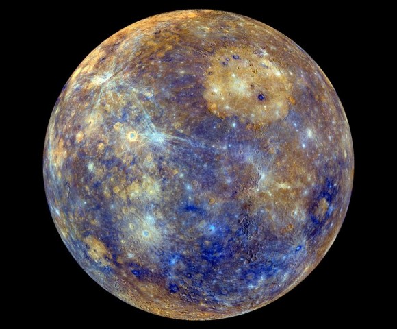 The different colors in this MESSENGER image of Mercury indicate the chemical, mineralogical, and physical differences between the rocks that make up the planet's surface.  Credit: NASA/Johns Hopkins University Applied Physics Laboratory/Carnegie Institution of Washington.