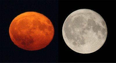 A comparison of the rising Moon (left) & the Full Moon high in the sky... as you can see, atmospheric refraction actually tends to "shrink" the apparent size of a rising Moon! (Credit: