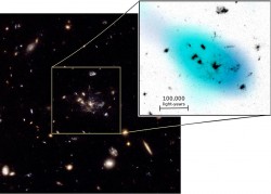 In blue, the carbon monoxide gas detected in and around the Spiderweb. Credit: B. Emonts et al (CSIRO/ATCA)