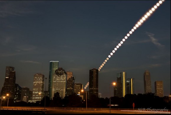 37 separate images showing the movement of the Moon as it rises behind the buildings in downtown Houston, Texas on June 22, 2013. Credit and copyright: Sergio Garcia Rill/SGR Photo.