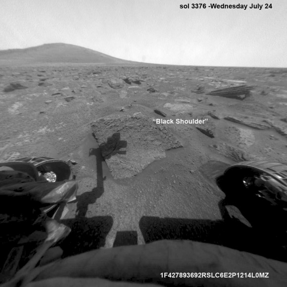 The "work volume". This view from the front hazcams shows the rock target that is being checked out before the final slog to the south. With luck, by the end of next week we will be plinking around the base of yonder mountain. "Plinking" is a geological term for wandering around with your hammer trying to get a handle on the local outcrops before plunging ahead with mapping and asking the rocks serious questions. Credit: NASA/JPL/Larry Crumpler