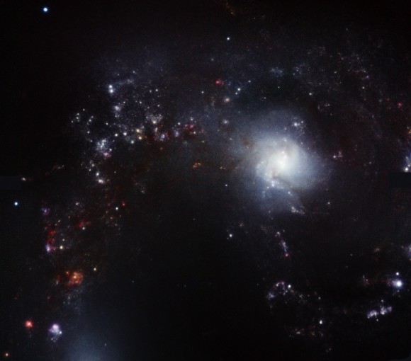 A near-infrared view of NGC 4038 (one of the Antenna Galaxies) obtained with the Gemini Observatory's new adaptive optics system. Credit: Image data from Rodrigo Carrasco, GeMS System Verification Team, Gemini Observatory. Color composite image by Travis Rector, University of Alaska Anchorage.