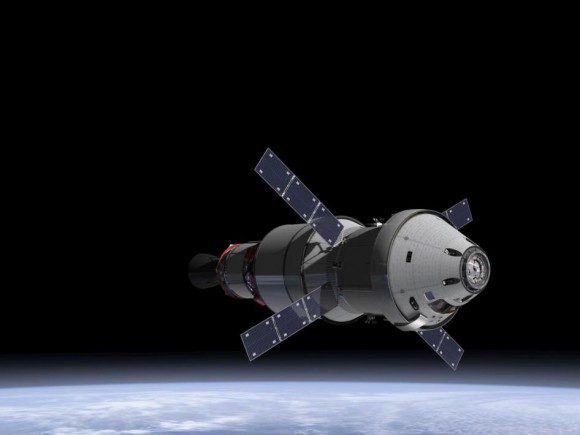NASA Orion spacecraft blasts off atop 1st Space Launch System rocket in 2017 - attached to European provided service module – on an enhanced m mission to Deep Space where an asteroid could be relocated as early as 2021. Credit: NASA