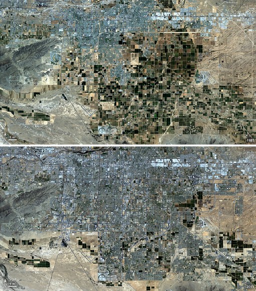 Chandler, Arizona imaged in 1985 (top) and 2011 (bottom.) As its economy shifted from agriculture to manufacturing and electronics, Chandler's population multiplied 8 times to over 236,000.