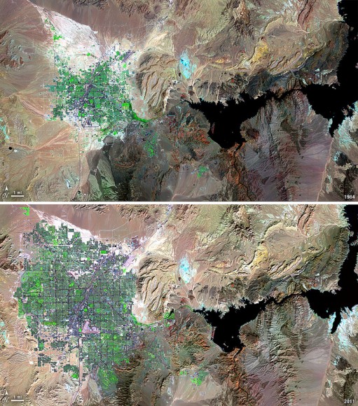 A few years ago one of the fastest-growing cities in the US, Las Vegas is seen here in images taken in 1984 (top) and 2011 (bottom.) The sprawling development -- as well as the decrease in water level of Lake Mead -- is evident.