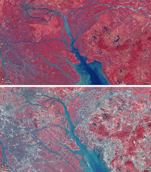 China's now-industrialized Pearl River Delta, seen in October 1973 (top) and January 2003 (bottom)