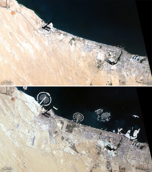 Some of the most dramatic -- and rapid -- changes have occurred in Dubai, whose artificial offshore islands suddenly appear between images taken in 2000 (top) and 2010 (bottom.) Once barely visible against the desert landscape, Dubai is now an international center of business, tourism, and oil production.