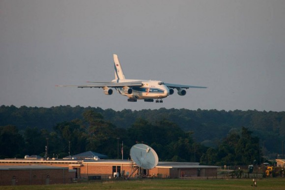 Antonov An-124 aircraft carrying Cygnus module from Italy arrives at NASA Wallops Island, VA on July 17, 2013. Credit: NASA/Brea Reeves