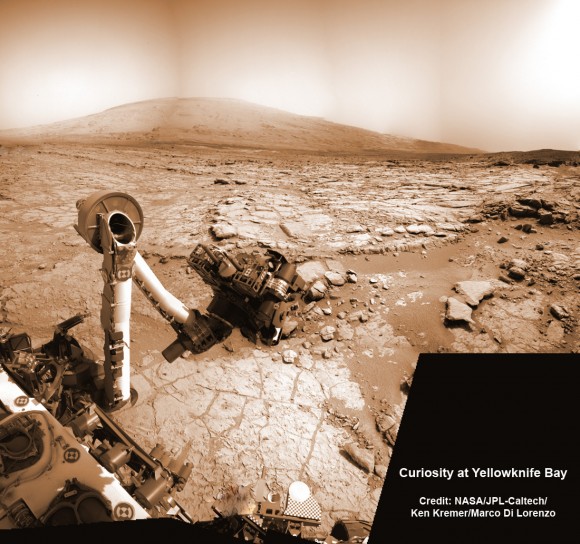 NASA’s Curiosity rover reaches out in ‘handshake’ like gesture with dramatic scenery of Mount Sharp in the background. This mosaic of images was snapped by Curiosity on Sol 262 (May 2, 2013) and shows her flexing the robotic arm. Two drill holes are visible on the surface bedrock below the robotic arm’s turret. Credit: NASA/JPL-Caltech/Ken Kremer-(kenkremer.com)/Marco Di Lorenzo
