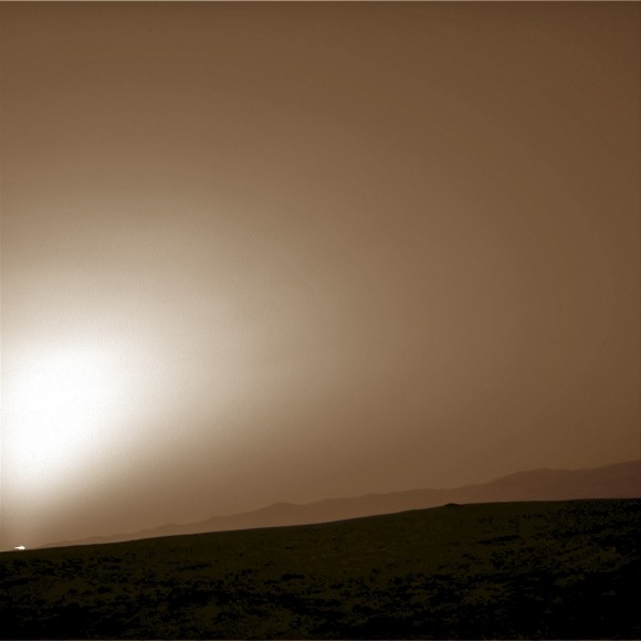 Martian sunset vista at Gale crater rim snapped by Curiosity on Sol 312, June 22, 2013. Colorized navcam image. Credit: NASA/JPL-Caltech/Ken Kremer/Marco Di Lorenzo