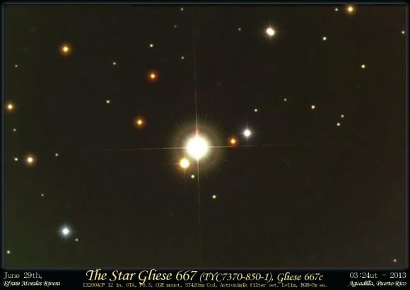 The nearby triple star system Gliese 667, taken on June 29, 2013. Credit and copyright: Efrain Morales, Jaicoa Observatory, Puerto Rico.