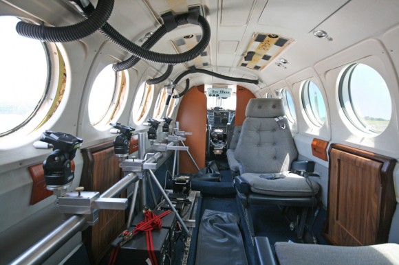 Inside cabin view of NASA King Air aircraft outfitted with science instrument mounts to support a of cameras to capture visible and infrared spectroscopic measurements in support of Daytime Dynamic launches on July 4, 2013. Credit: Ken Kremer/kenkremer.com