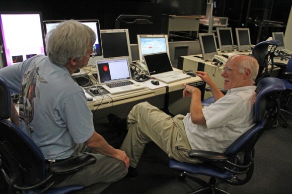 Robert Pfaff (right), Science Principle Investigator and Ken Kremer of Universe Today (left) discuss NASA’s Daytime Dynamo mission inside NASA Wallop’s Mission Control. Credit: Ken Kremer/kenkremer.com