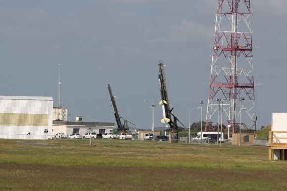 Black Brant V (left) and a Terrier-Improved Orion (right) rockets sit on launch pads as part of the Daytime Dynamo mission in this up close view from NASA Wallops Flight Facility at Virginia’s Eastern Shore. Credit: Ken Kremer/kenkremer.com
