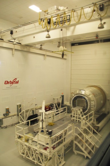 1st operational Cygnus pressurized cargo module from Orbital Sciences Corp. sits inside high bay clean room facility with crane overhead at NASA Wallops Flight Facility, VA for preflight processing. Credit: Ken Kremer (kenkremer.com)
