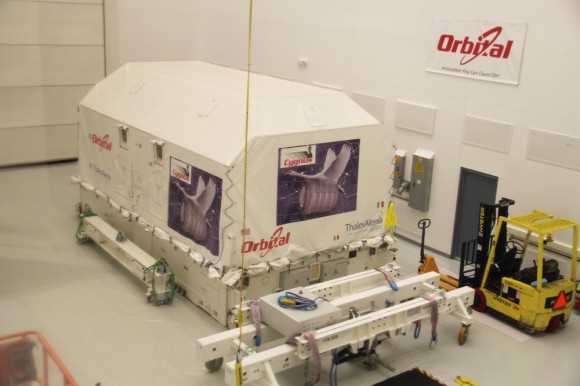 Cygnus pressurized cargo module was loaded inside this shipping container and transported inside Antonov An-124 from Italy to NASA Wallops Flight Facility high bay processing facility and launch site in Virginia. Credit: Ken Kremer (kenkremer.com)