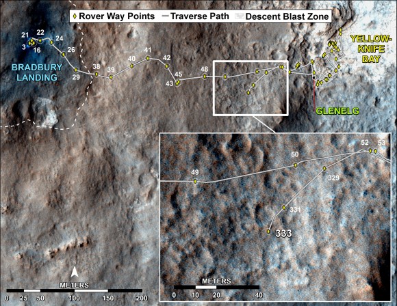 Curiosity's Traverse Map Through Sol 333 - This map shows the route driven by NASA's Mars rover Curiosity through Sol 333 of the rover's mission on Mars (July 14, 2013). Numbering of the dots along the line indicate the sol number of each drive. North is up. The scale bar is 200 meters (656 feet). From Sol 331 to Sol 333, Curiosity had driven a straight line distance of about 45.05 feet (13.73 meters). The base image from the map is from the High Resolution Imaging Science Experiment Camera (HiRISE) in NASA's Mars Reconnaissance Orbiter. Credit: NASA/JPL-Caltech/Univ. of Arizona