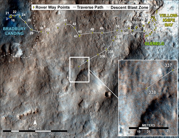 Curiosity's Traverse Map Through Sol 338 This map shows the route driven by NASA's Mars rover Curiosity through Sol 338 of the rover's mission on Mars (July 19, 2013). Numbering of the dots along the line indicate the sol number of each drive. North is up. The scale bar is 200 meters (656 feet). From Sol 337 to Sol 338, Curiosity had driven a straight line distance of about 122.90 feet (32.59 meters). The base image from the map is from the High Resolution Imaging Science Experiment Camera (HiRISE) in NASA's Mars Reconnaissance Orbiter. Image Credit: NASA/JPL-Caltech/Univ. of Arizona