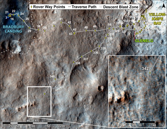 Curiosity's Traverse Map Through Sol 342. This map shows the route driven by NASA's Mars rover Curiosity through the 342 Martian day, or sol, of the rover's mission on Mars (July 21, 2013). Numbering of the dots along the line indicate the sol number of each drive. North is up. The scale bar is 200 meters (656 feet). From Sol 340 to Sol 342, Curiosity had driven a straight line distance of about 191.9 feet (58.49 meters). The base image from the map is from the High Resolution Imaging Science Experiment Camera (HiRISE) in NASA's Mars Reconnaissance Orbiter. Image Credit: NASA/JPL-Caltech/Univ. of Arizona