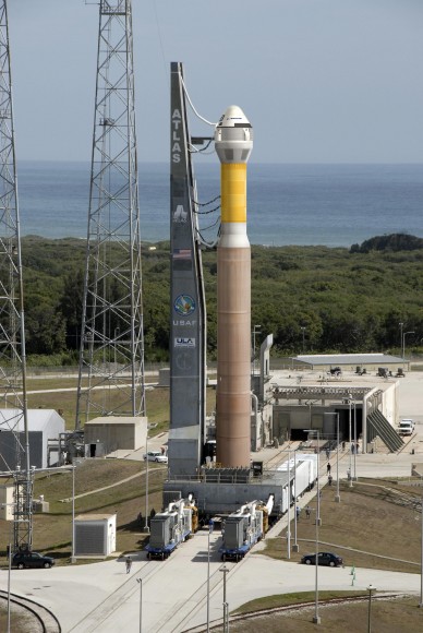 The CST-100 crew capsule awaits liftoff aboard an Atlas V launch vehicle at Cape Canaveral in this artist’s concept. Credit: Boeing