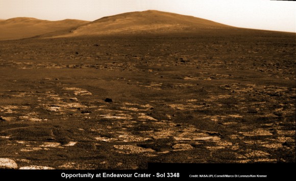 Opportunity rover’s view across Botany Bay to Solander Point - her next destination - as NASA celebrates 10 Years since blastoff for Mars on July 7, 2003. The rover will climb up Solander Point because it which may harbor clay minerals indicative of a past Martian habitable environment. This pancam mosaic was assembled from raw images taken on Sol 3348 (June 24, 2013. Credit: NASA/JPL/Cornell/ASU/Marco Di Lorenzo/Ken Kremer (kenkremer.com)
