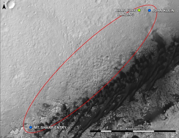Curiosity Route Map From 'Glenelg' to Mount Sharp. This map shows where NASA's Mars rover Curiosity landed in August 2012 at "Bradbury Landing"; the area where the rover worked from November 2012 through May 2013 at and near the "John Klein" target rock in the "Glenelg" area; and the mission's next major destination, the entry point to the base of Mount Sharp. Credit: NASA/JPL-Caltech/Univ. of Arizona