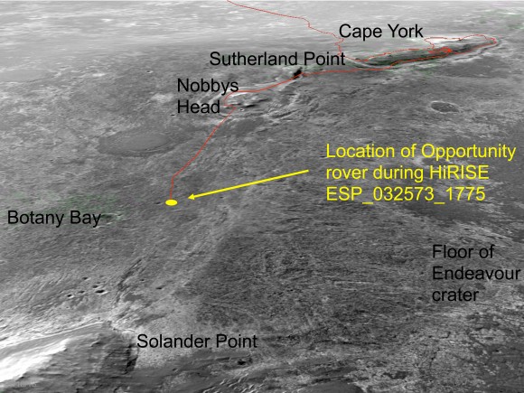 an oblique, northward-looking view based on stereo orbital imaging, shows the location of Opportunity on its journey from Cape York to Solander Point when HiRISE took the new color image. Endeavour Crater is about 14 miles (22 kilometers) in diameter. The distance from Cape York to Solander Point is about 1.2 miles (2 kilometers). The red line indicates the path the rover has driven. Credit: NASA/JPL-Caltech/Univ. of Arizona.