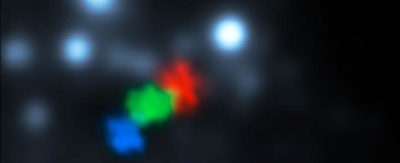 New observations from ESO’s Very Large Telescope show for the first time a gas cloud being ripped apart by the supermassive black hole at the centre of the galaxy. Shown here are VLT observations from 2006, 2010 and 2013, coloured blue, green and red respectively. Credit: ESO/S. Gillessen