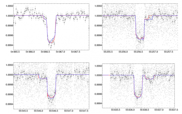 Here Kipping et al. presents injected moon fits. As an example, the upper left-hand figure shows an exoplanet transit, with a moon transiting as well. Here the moon transits first, causing the light to be blocked, then the planet follows, causing more of the light to be blocked.