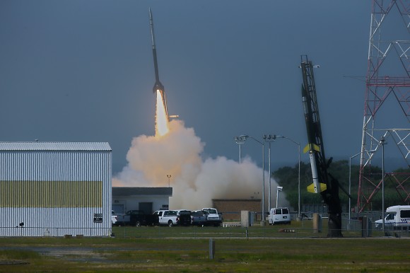A Black Brant V launches first in support of Daytime Dynamo. Terroer improved Orion (at right) followed 15 seconds later from NASA Wallops on July 4, 2013. Credit: NASA/P. Black