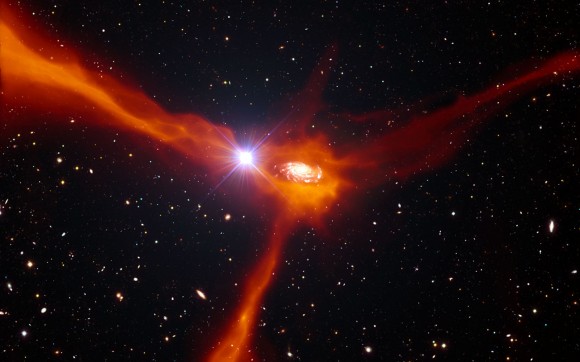An artist’s impression showing a galaxy in the process of pulling in cool gas from its surroundings. (ESO/L. Calçada/ESA/AOES Medialab)