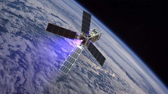 Artist concept of a 5 kg CubeSat with CubeSat Ambipolar Thruster (CAT) firing in low Earth orbit. Via Kickstarter. 