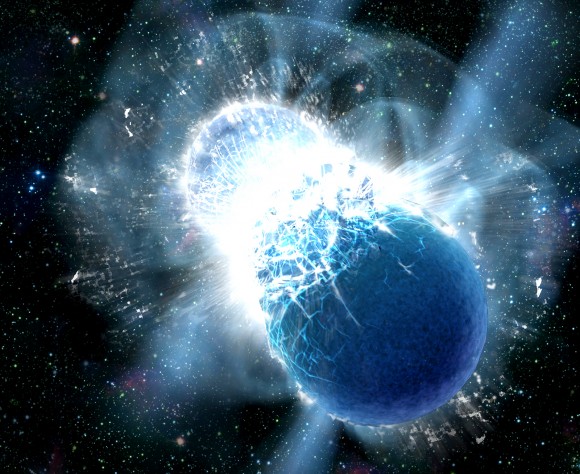 Collisions of neutron stars produce powerful gamma-ray bursts – and heavy elements like gold (Credit: Dana Berry, SkyWorks Digital, Inc.)