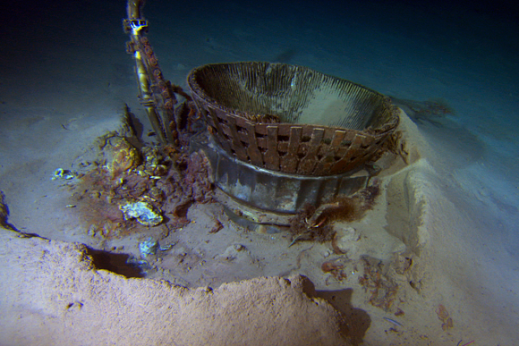 Saturn V Moon Rocket F-1 Engine Thrust Chamber recovered from the floor of the Atlantic Ocean. Credit: Jeff Bezos Expeditions 