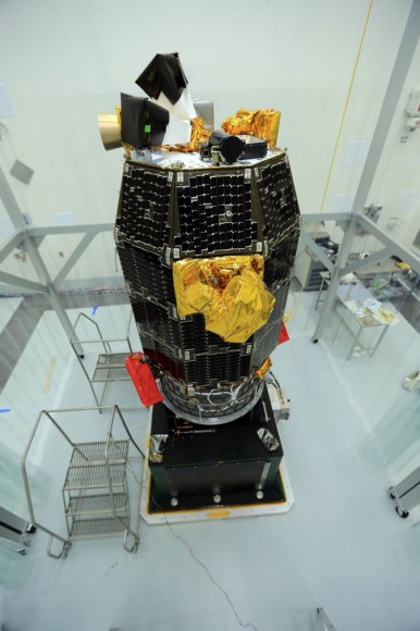 The LADEE spacecraft awaits spin balance testing, conducted to ensure stability during flight, at NASA's Wallops Flight Facility in Virginia.  LADEE is slated to liftoff from Wallops  on Sep. 5, 2013  July 10.  Credit:  NASA/Patrick Black