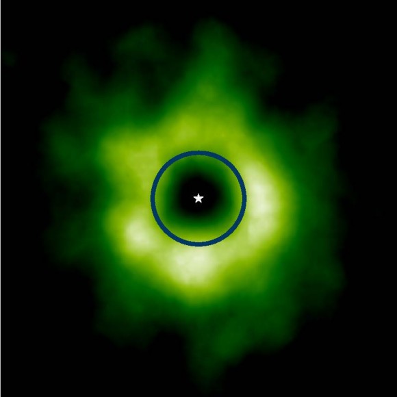 The carbon monoxide line as seen by the Atacama Large Millimeter/submillimeter Array (ALMA) telescope. The circle represents the equivalent orbit of Neptune when comparing it to our own solar system. Credit: Karin Oberg, Harvard University/University of Virginia