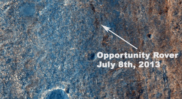 This image taken by the High Resolution Imaging Science Experiment (HiRISE) camera on NASA's Mars Reconnaissance Orbiter on July 8, 2013, captures Opportunity traversing south (at the end of the white arrow) to new science targets and a winter haven at "Solander Point," another portion of the Endeavour rim. The relatively level ground between Cape York and Solander Point is called "Botany Bay." The image was taken 10 years after Opportunity was launched from Florida on July 7, 2013, EDT and PDT (July 8, Universal Time). Image credit: NASA/JPL-Caltech/Univ. of Arizona.