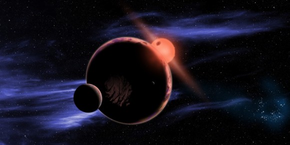 An artist's concept of a rocky world orbiting a red dwarf star. (Credit: NASA/D. Aguilar/Harvard-Smithsonian center for Astrophysics).