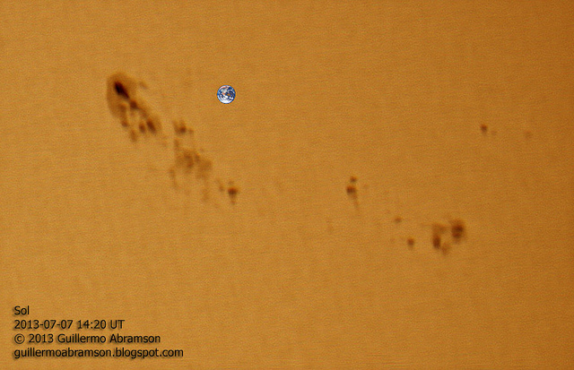 Sunspot regions 1785 and 1787, with Earth shown to scale. Credit: Guillermo Abramson