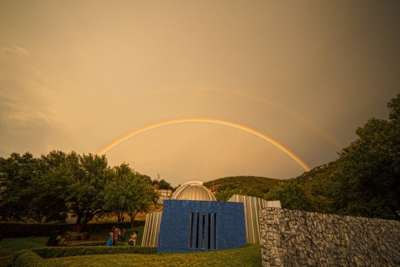 A double rainbow spans above Planetario Alfa observatory in Mexico on August 24, 2013.  Credit and copyright: César Cantú.