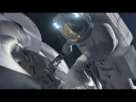 This concept image shows an astronaut retrieving a sample from the captured asteroid. Credit: NASA.
