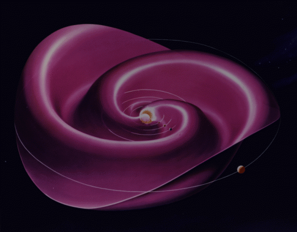The spiralling curve of the heliospheric current sheet through the inner solar system. (Graphic credit: NASA).