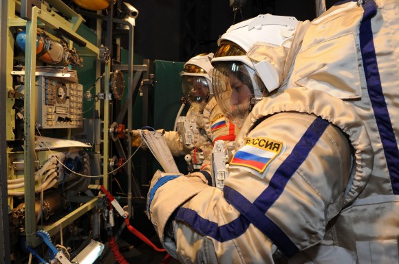 European Space Agency astronauts Alexander Gerst (left) and Samantha Cristoforetti in Russian Orlan spacesuits during training in 2012. Credit: GCTC
