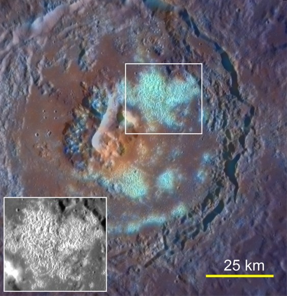 Enhanced-color image of Tyagaraja crater acquired on Sept. 29, 2011. Its large hollow field is highlighted.