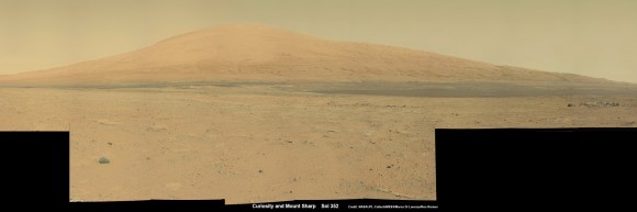Curiosity Spies Mount Sharp - her primary destination. Curiosity will ascend mysterious Mount Sharp and investigate the sedimentary layers searching for clues to the history and habitability of the Red Planet over billions of years. This mosaic was assembled from over 3 dozen Mastcam camera images taken on Sol 352 (Aug 2, 2013. Credit: NASA/JPL-Caltech/MSSS/ Marco Di Lorenzo/Ken Kremer