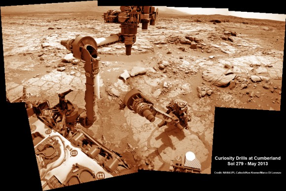 This time lapse mosaic shows Curiosity maneuvering her robotic arm to drill into her 2nd martian rock target named “Cumberland” to collect powdery Martian material on May 19, 2013 (Sol 279) for analysis by her onboard chemistry labs; SAM & Chemin. The photomosaic was stitched from raw images captured by the navcam cameras on May 14 & May 19 (Sols 274 & 279). Credit: NASA/JPL-Caltech/Ken Kremer/Marco Di Lorenzo