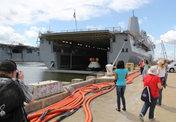Myself and NASA social media participate observed Orion after hauled aboard the well deck and boarded the USS Arlington recovery ship. Credit: Ken Kremer/kenkremer.com