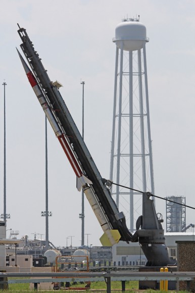 Terrier-Improved Malemute sounding rocket erected for launch of student experiments on RockSat-X payload on Aug. 13 at 6 a.m. from NASA Wallops Flight Facility, VA. Credit: Ken Kremer/kenkremer.com